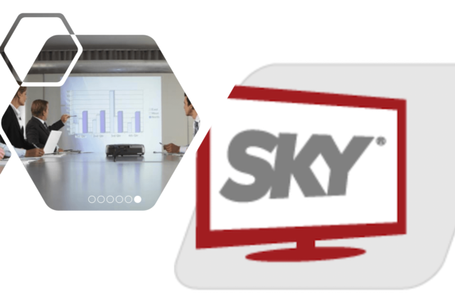 Composição 2d com monitor exibindo logo SKY
